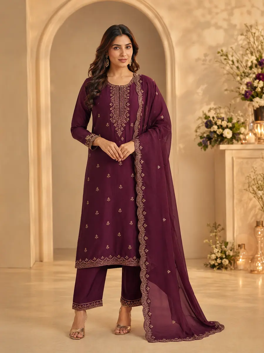 Premium wine-plum women's festive set